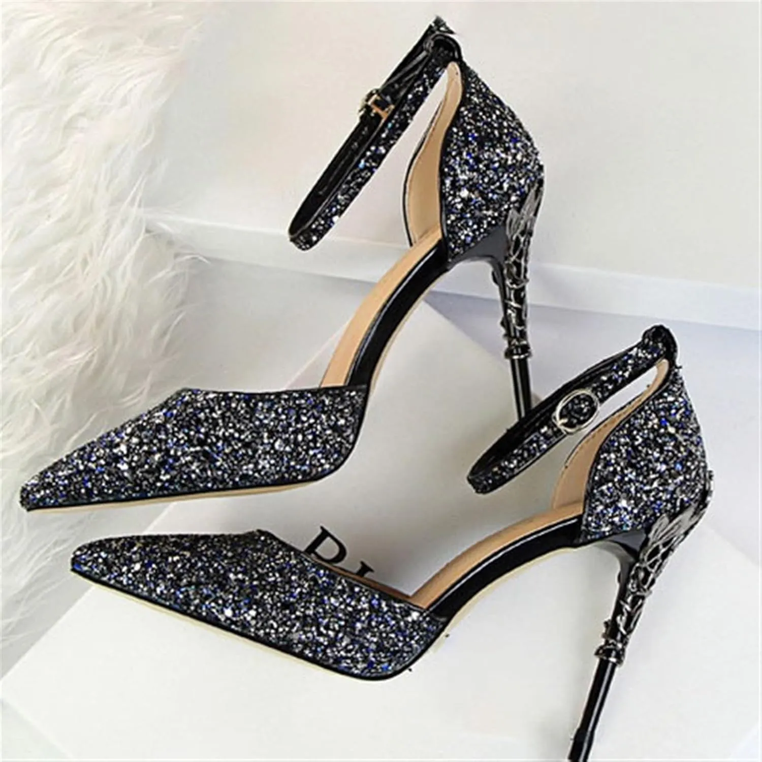Womens Shiny Sequins High Heels Pointed Toe Ankle Strap Stiletto Pumps Sandals Sexy Wedding Party Dress Shoes