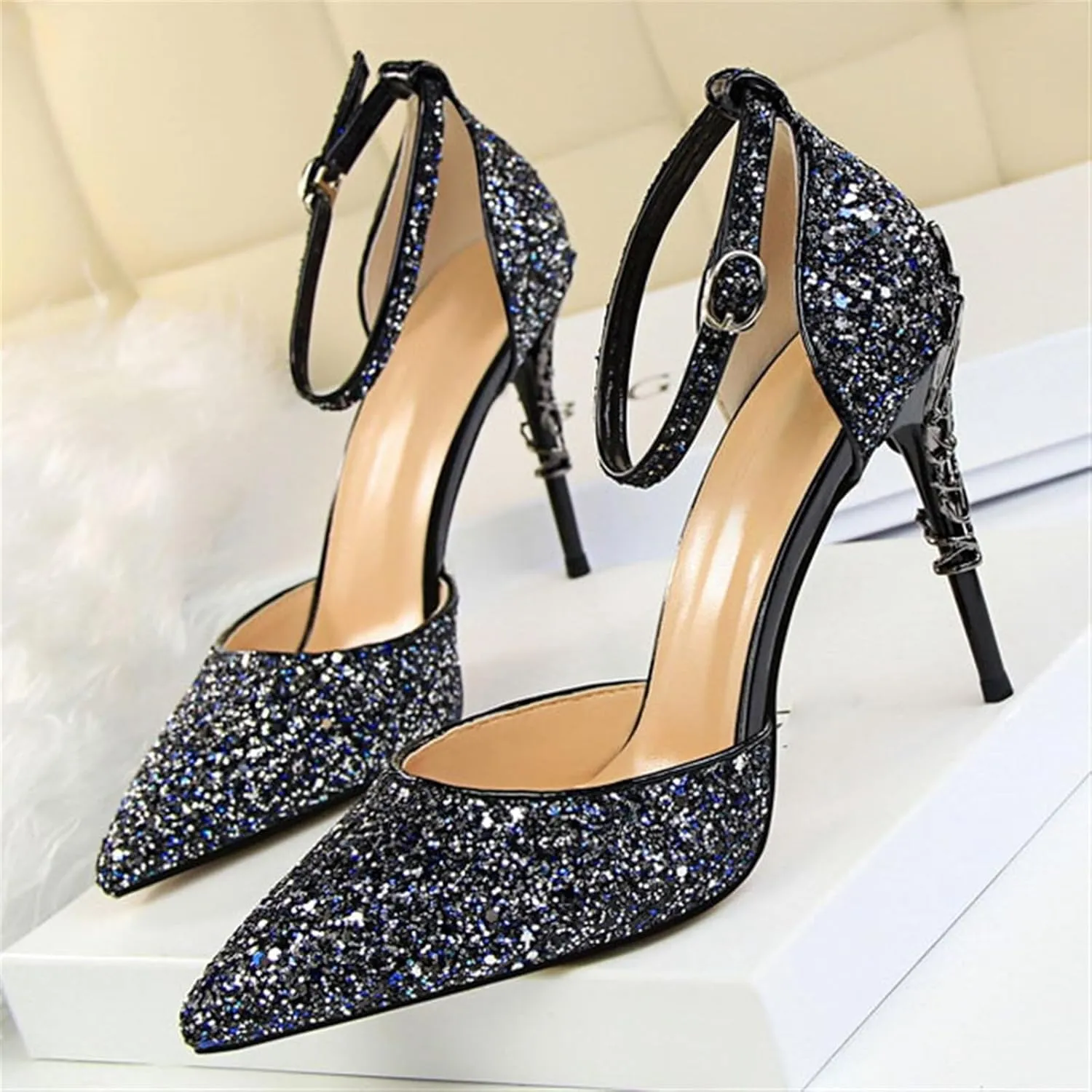 Womens Shiny Sequins High Heels Pointed Toe Ankle Strap Stiletto Pumps Sandals Sexy Wedding Party Dress Shoes