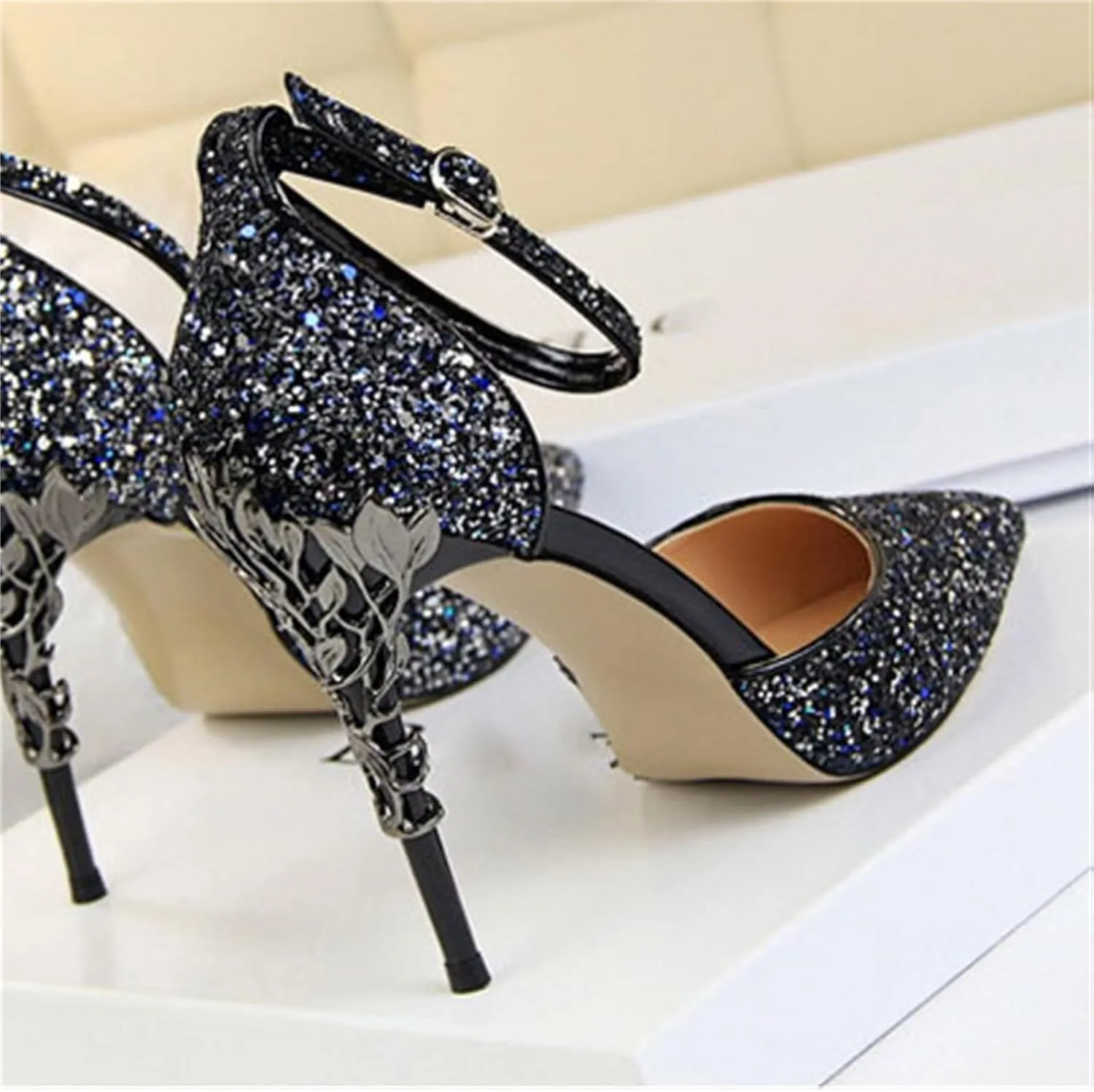 Womens Shiny Sequins High Heels Pointed Toe Ankle Strap Stiletto Pumps Sandals Sexy Wedding Party Dress Shoes