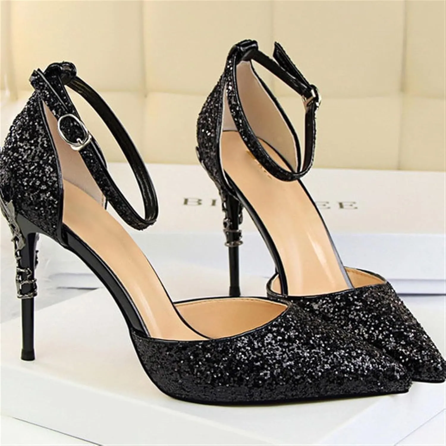 Womens Shiny Sequins High Heels Pointed Toe Ankle Strap Stiletto Pumps Sandals Sexy Wedding Party Dress Shoes