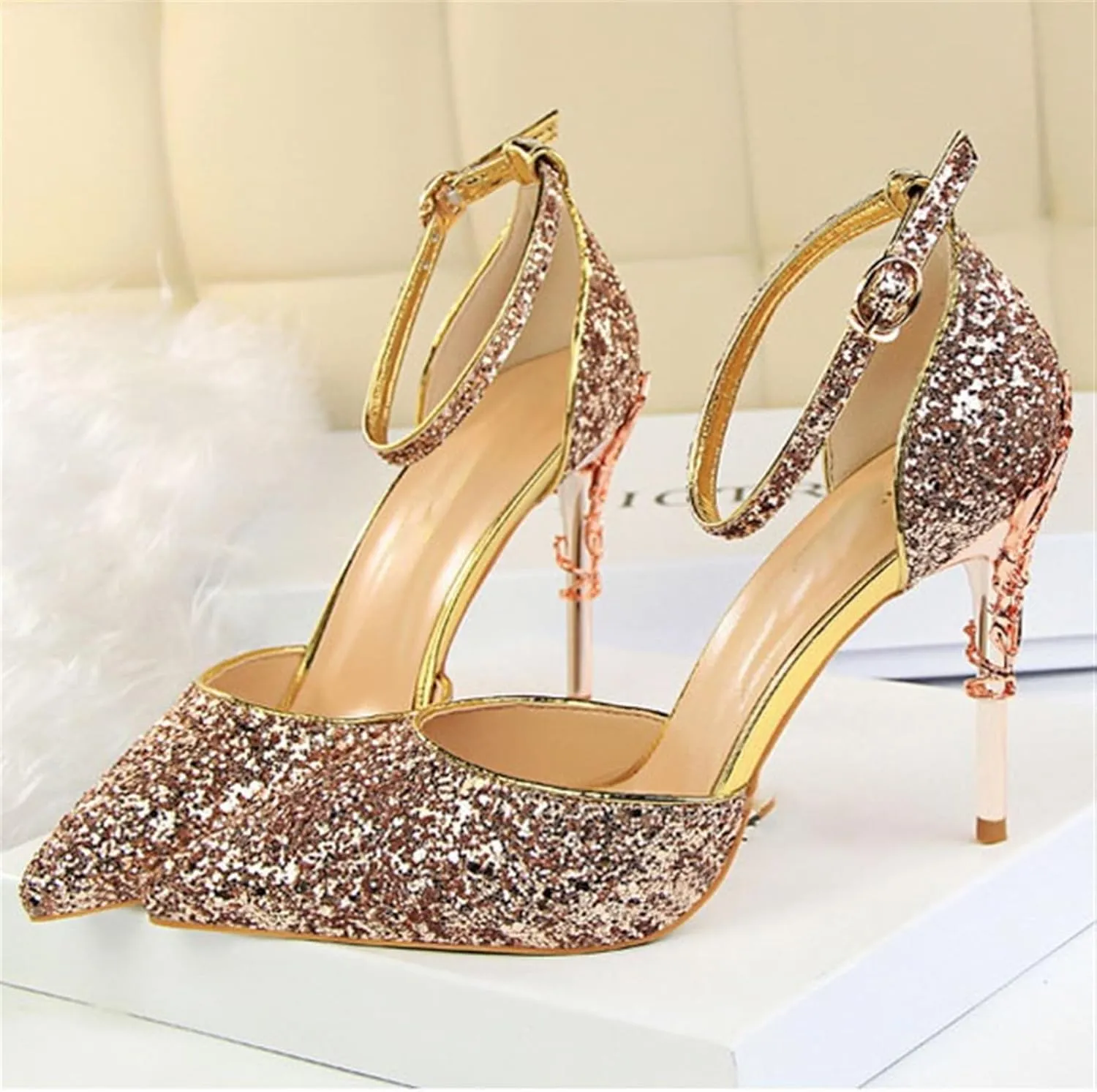 Womens Shiny Sequins High Heels Pointed Toe Ankle Strap Stiletto Pumps Sandals Sexy Wedding Party Dress Shoes