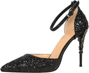 Womens Shiny Sequins High Heels Pointed Toe Ankle Strap Stiletto Pumps Sandals Sexy Wedding Party Dress Shoes