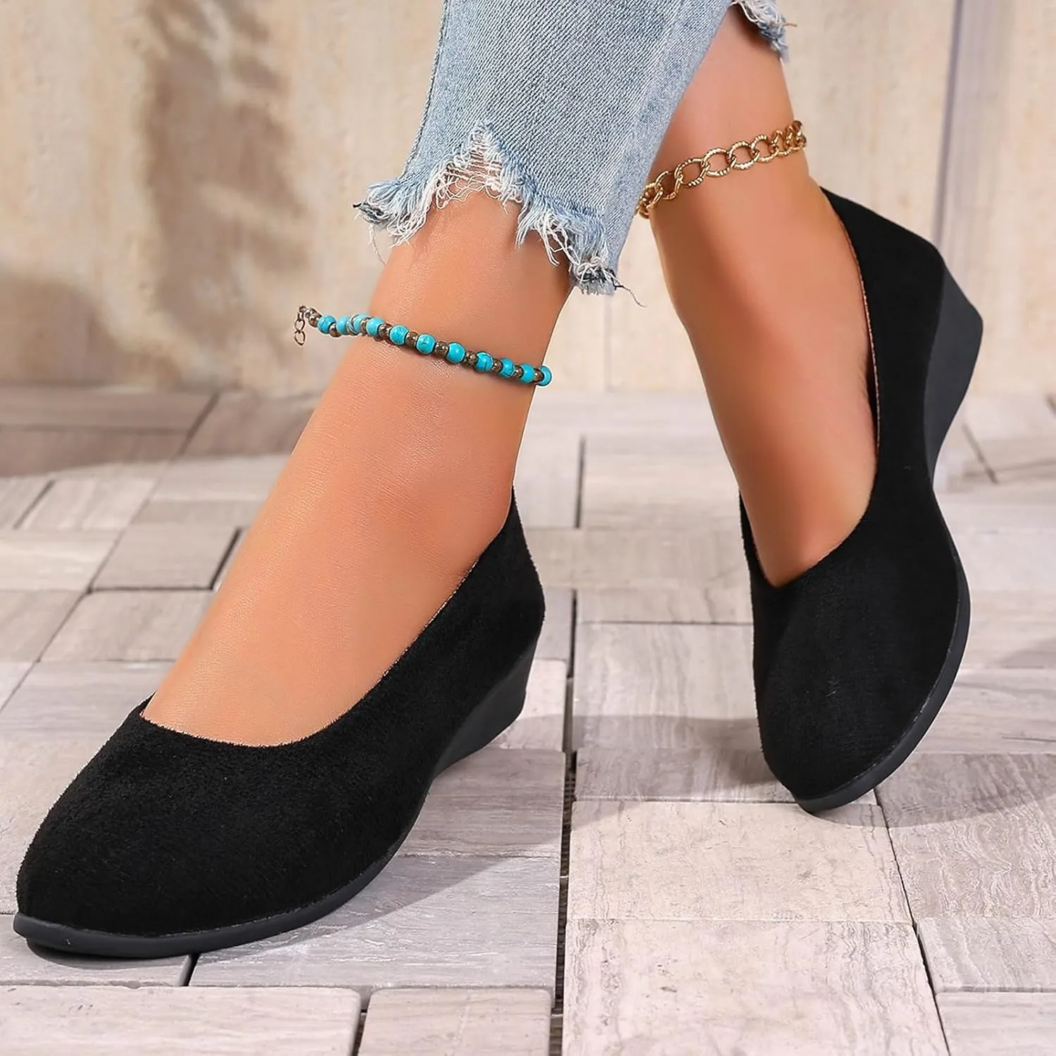 Women's Shoes Faux Suede Round Toe Ballet Dressy Comfortable Slip On Walking Shoes Lady Sandal Heel