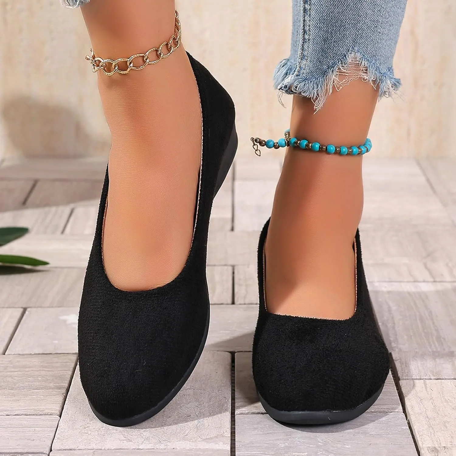 Women's Shoes Faux Suede Round Toe Ballet Dressy Comfortable Slip On Walking Shoes Lady Sandal Heel