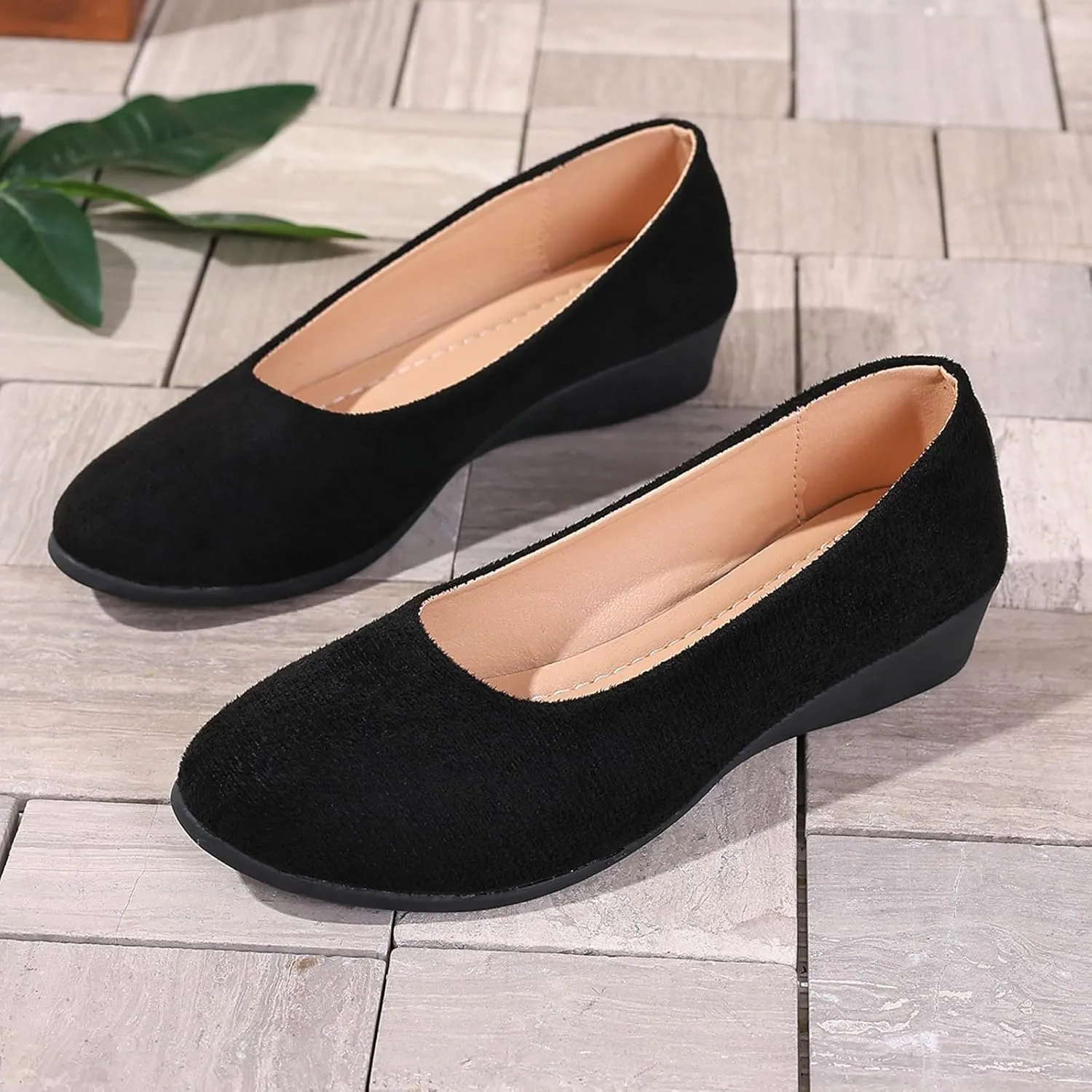 Women's Shoes Faux Suede Round Toe Ballet Dressy Comfortable Slip On Walking Shoes Lady Sandal Heel