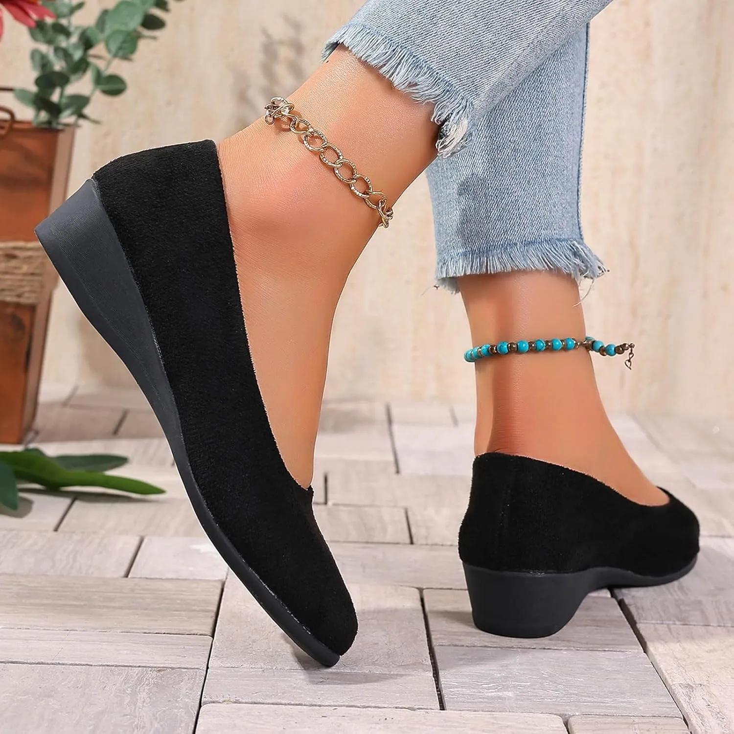 Women's Shoes Faux Suede Round Toe Ballet Dressy Comfortable Slip On Walking Shoes Lady Sandal Heel