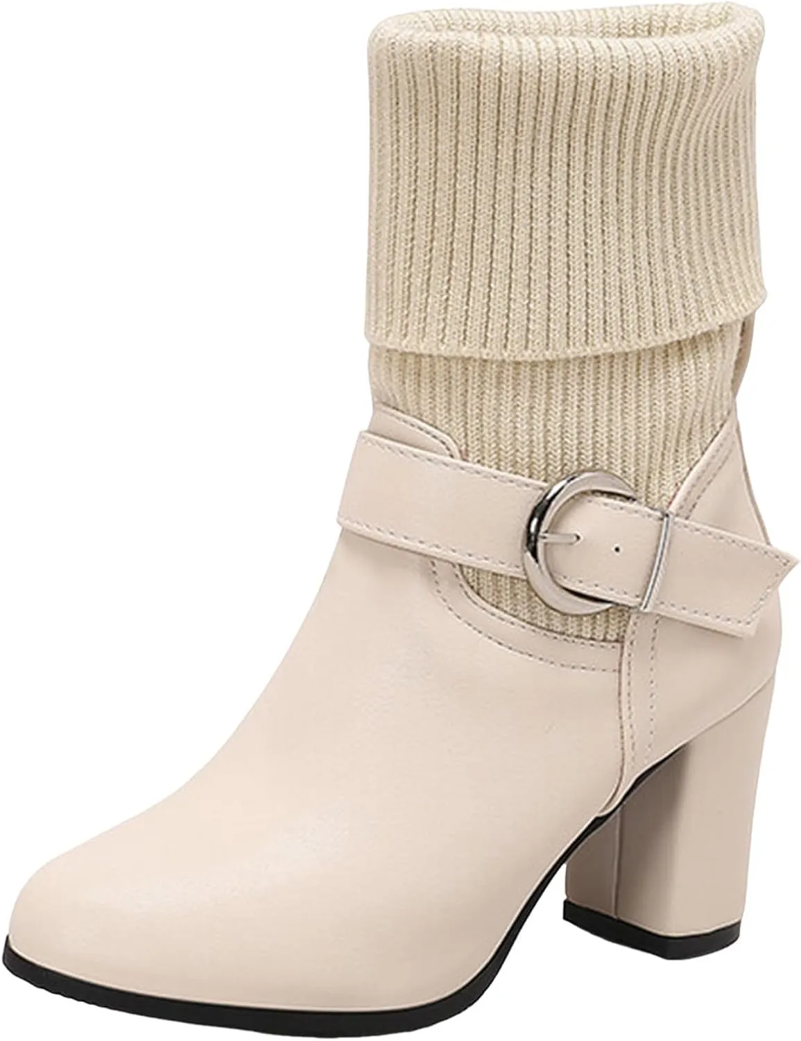 Women's Slip On Ankle Boots Chunky Block Heel Square Toe Splicing Dress Sock Booties Pull On Mid-calf Side Zipper Rain Boots
