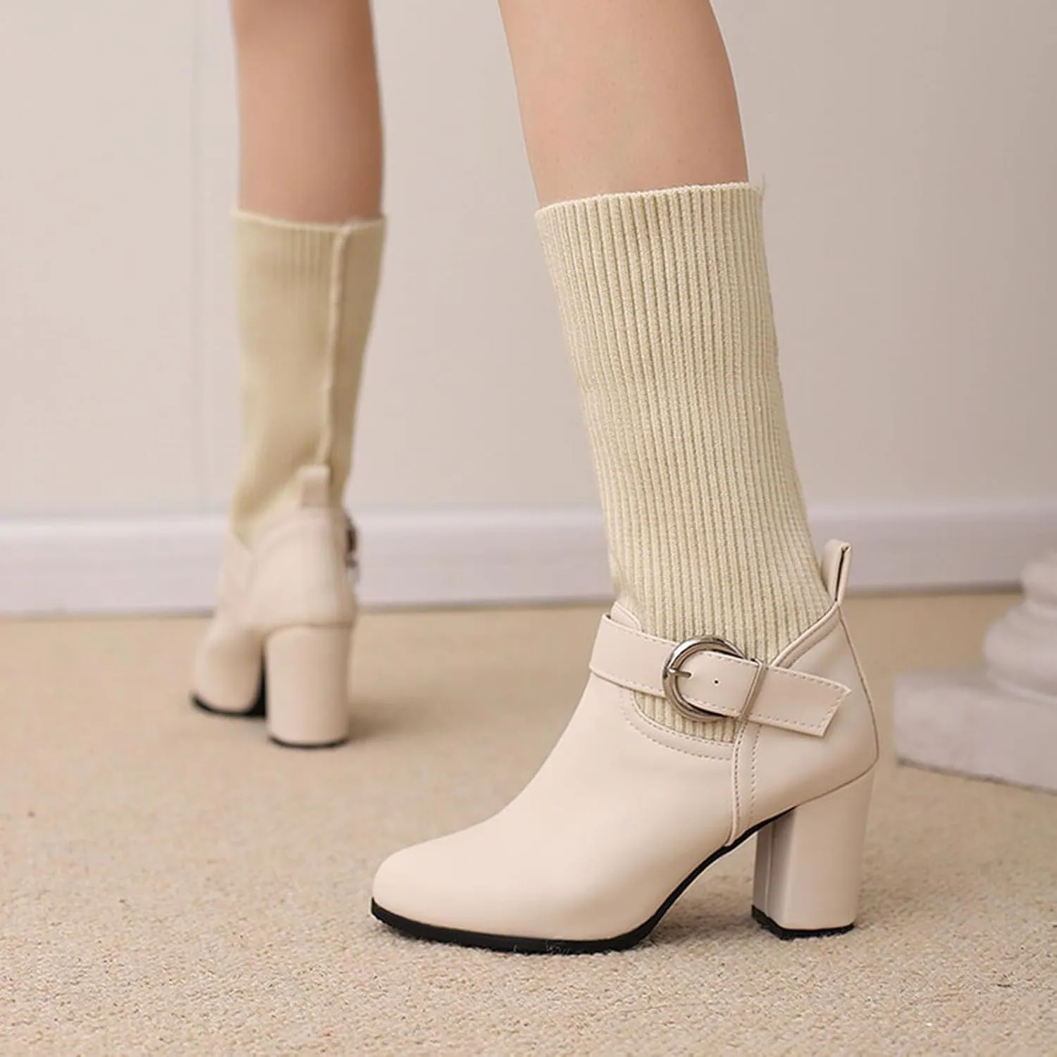 Women's Slip On Ankle Boots Chunky Block Heel Square Toe Splicing Dress Sock Booties Pull On Mid-calf Side Zipper Rain Boots