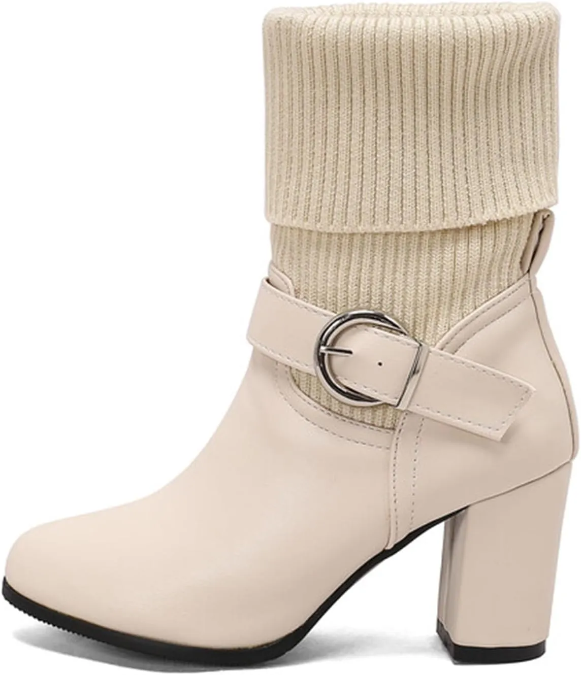 Women's Slip On Ankle Boots Chunky Block Heel Square Toe Splicing Dress Sock Booties Pull On Mid-calf Side Zipper Rain Boots