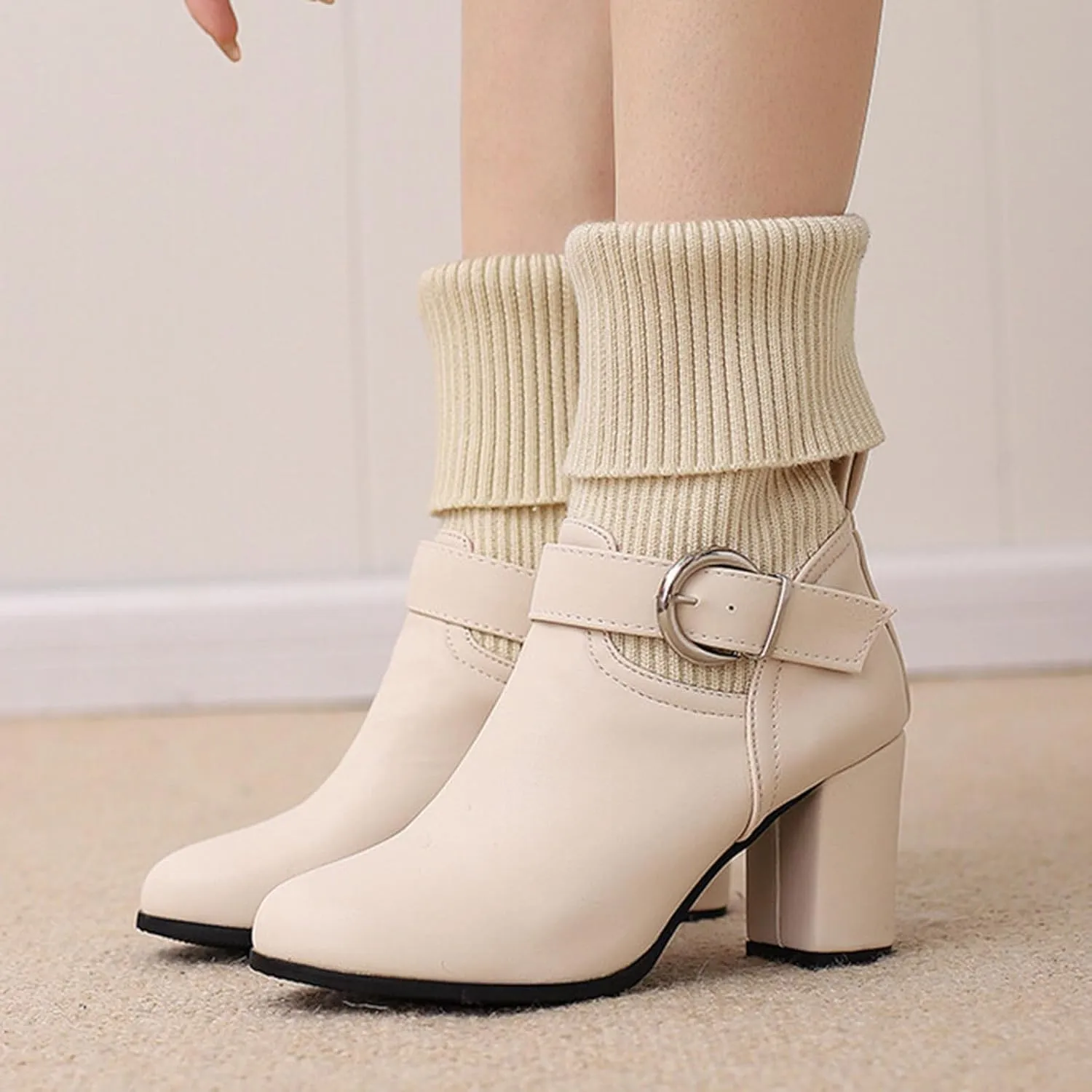 Women's Slip On Ankle Boots Chunky Block Heel Square Toe Splicing Dress Sock Booties Pull On Mid-calf Side Zipper Rain Boots