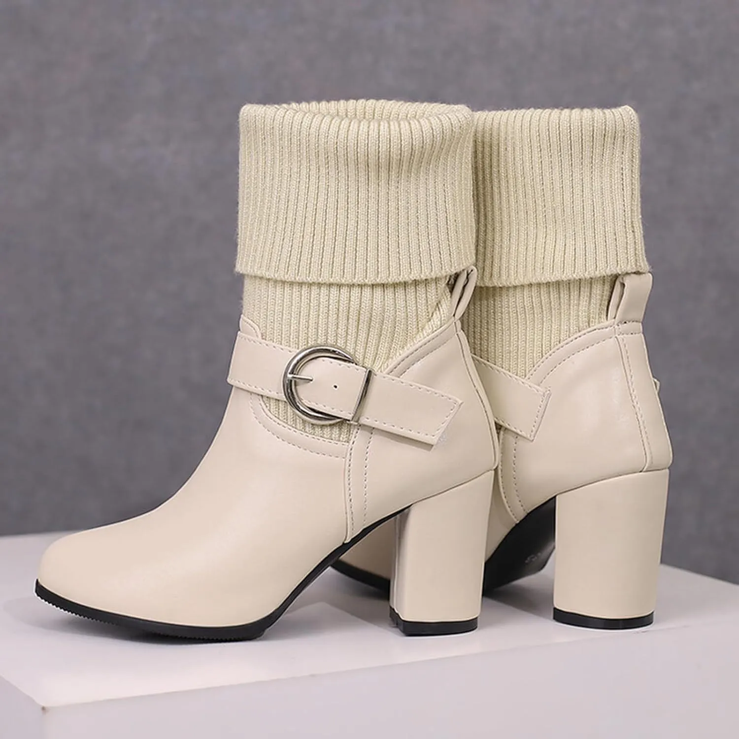 Women's Slip On Ankle Boots Chunky Block Heel Square Toe Splicing Dress Sock Booties Pull On Mid-calf Side Zipper Rain Boots