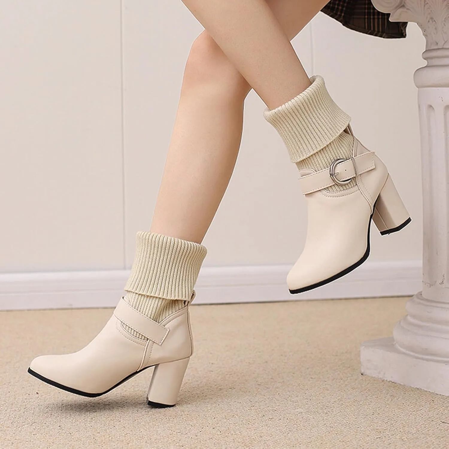 Women's Slip On Ankle Boots Chunky Block Heel Square Toe Splicing Dress Sock Booties Pull On Mid-calf Side Zipper Rain Boots