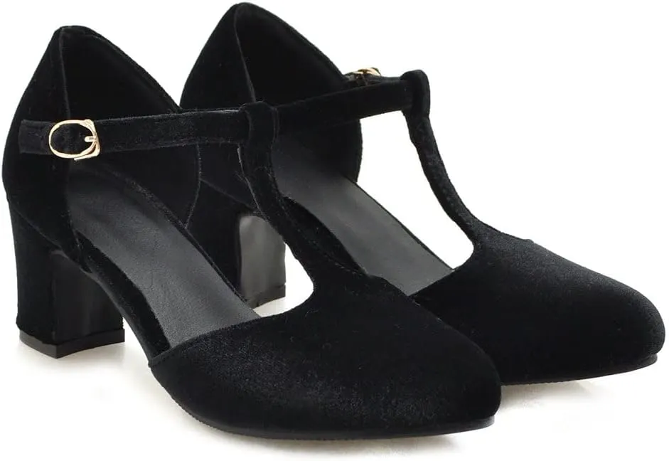 Womens T Strap Heels Velvet Block High Chunky Heels Black Green Closed Toe Dress Shoes Ankle Strap Pumps