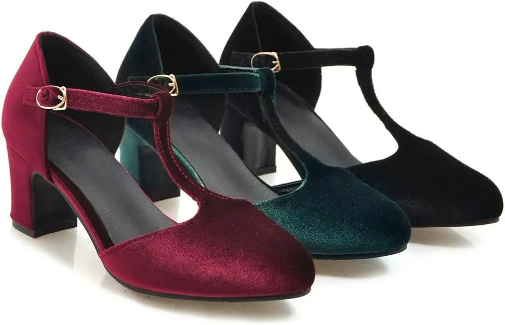 Womens T Strap Heels Velvet Block High Chunky Heels Black Green Closed Toe Dress Shoes Ankle Strap Pumps