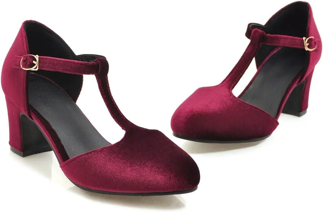 Womens T Strap Heels Velvet Block High Chunky Heels Black Green Closed Toe Dress Shoes Ankle Strap Pumps