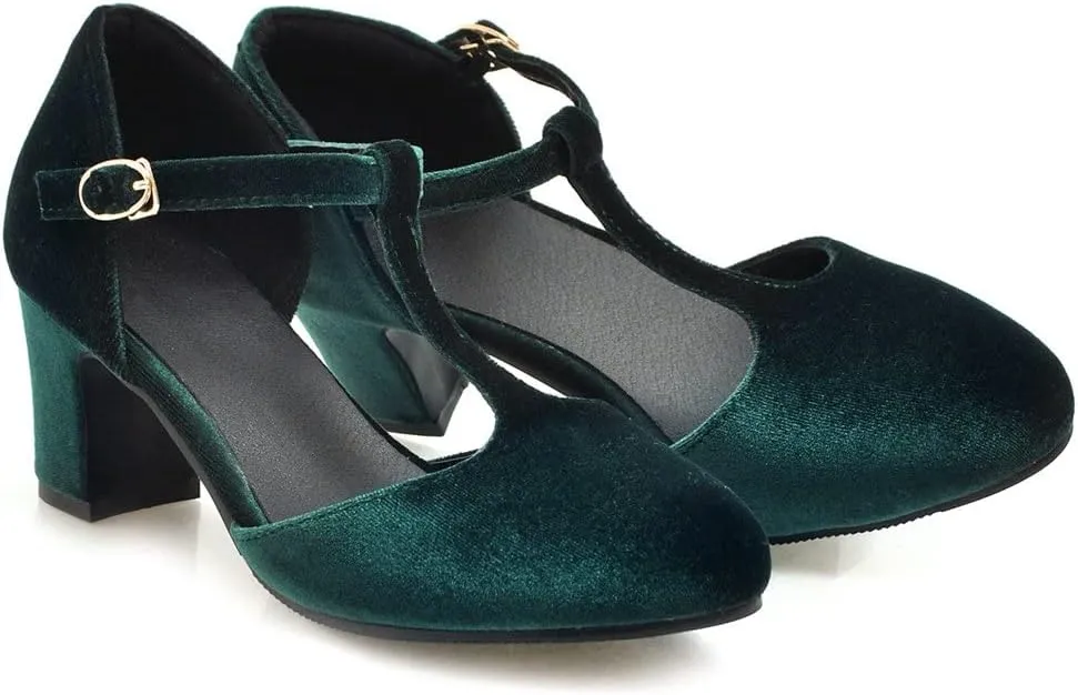 Womens T Strap Heels Velvet Block High Chunky Heels Black Green Closed Toe Dress Shoes Ankle Strap Pumps