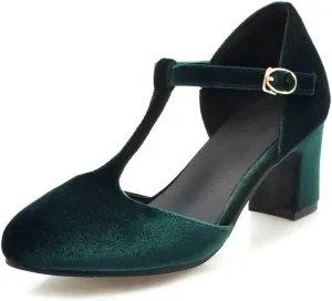 Womens T Strap Heels Velvet Block High Chunky Heels Black Green Closed Toe Dress Shoes Ankle Strap Pumps