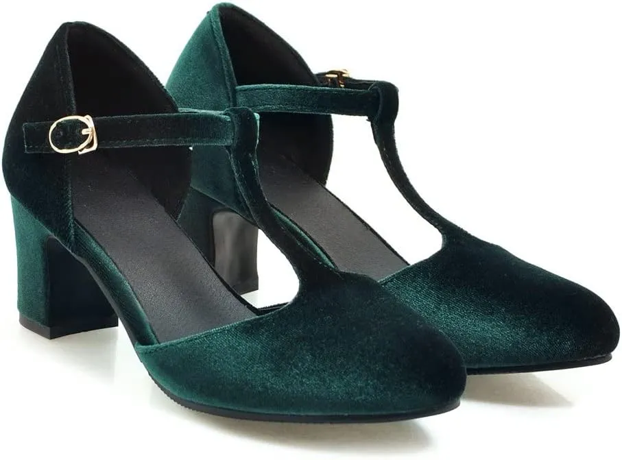 Womens T Strap Heels Velvet Block High Chunky Heels Black Green Closed Toe Dress Shoes Ankle Strap Pumps