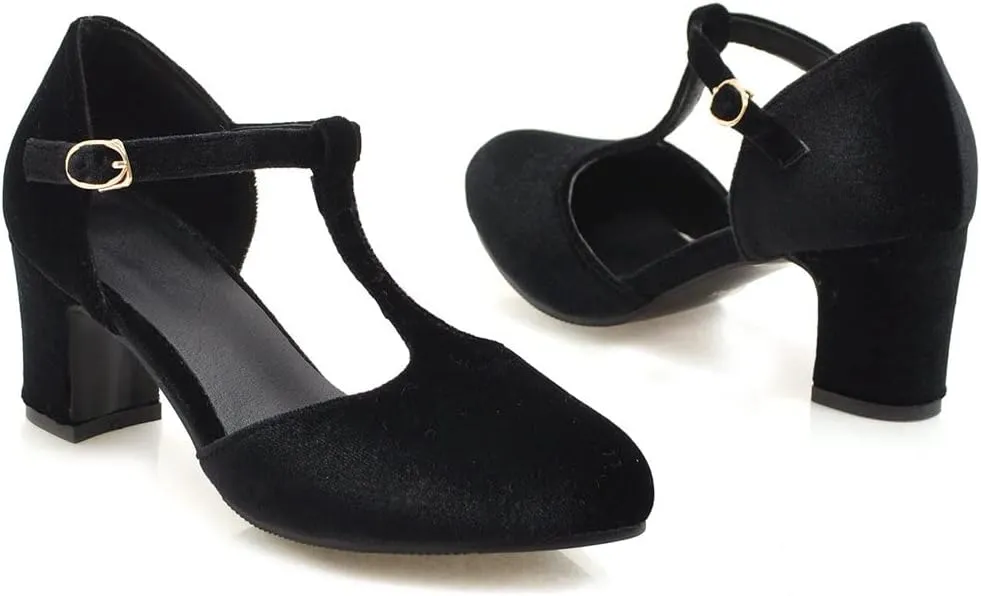 Womens T Strap Heels Velvet Block High Chunky Heels Black Green Closed Toe Dress Shoes Ankle Strap Pumps