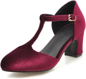 Womens T Strap Heels Velvet Block High Chunky Heels Black Green Closed Toe Dress Shoes Ankle Strap Pumps