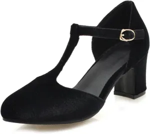 Womens T Strap Heels Velvet Block High Chunky Heels Black Green Closed Toe Dress Shoes Ankle Strap Pumps