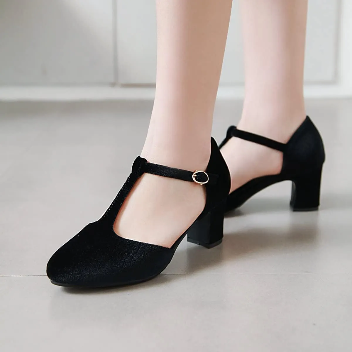 Womens T Strap Heels Velvet Block High Chunky Heels Black Green Closed Toe Dress Shoes Ankle Strap Pumps