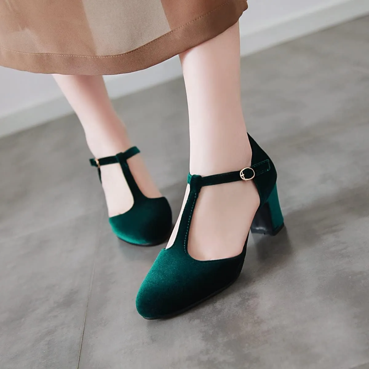 Womens T Strap Heels Velvet Block High Chunky Heels Black Green Closed Toe Dress Shoes Ankle Strap Pumps