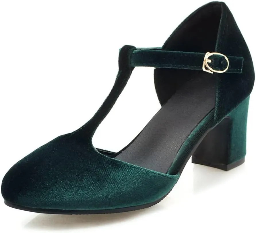 Womens T Strap Heels Velvet Block High Chunky Heels Black Green Closed Toe Dress Shoes Ankle Strap Pumps