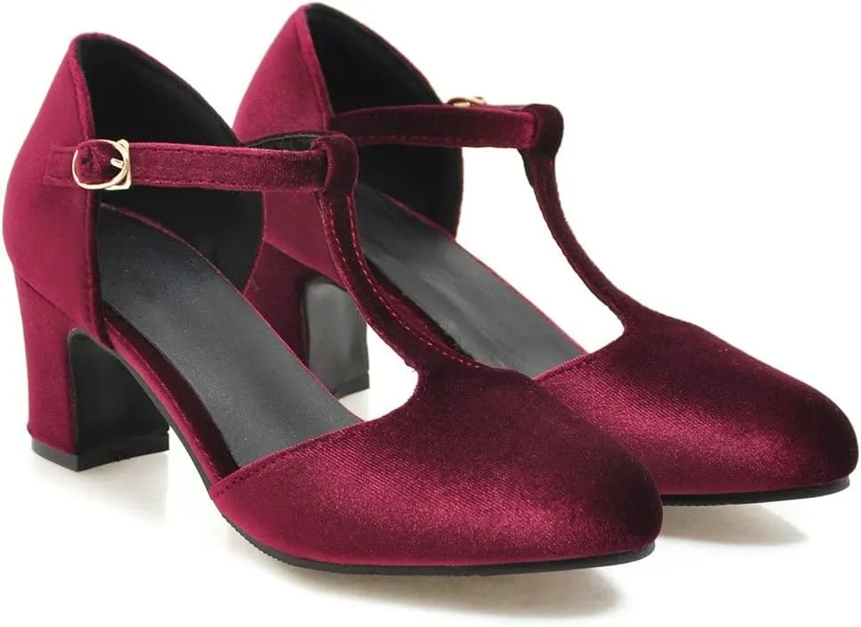 Womens T Strap Heels Velvet Block High Chunky Heels Black Green Closed Toe Dress Shoes Ankle Strap Pumps