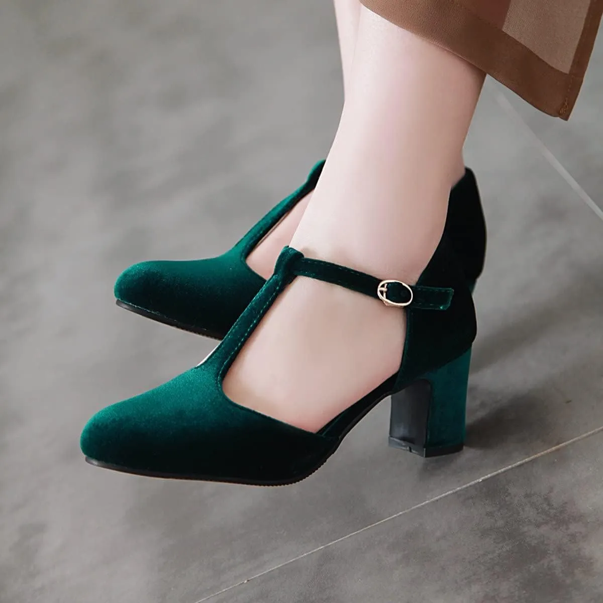 Womens T Strap Heels Velvet Block High Chunky Heels Black Green Closed Toe Dress Shoes Ankle Strap Pumps