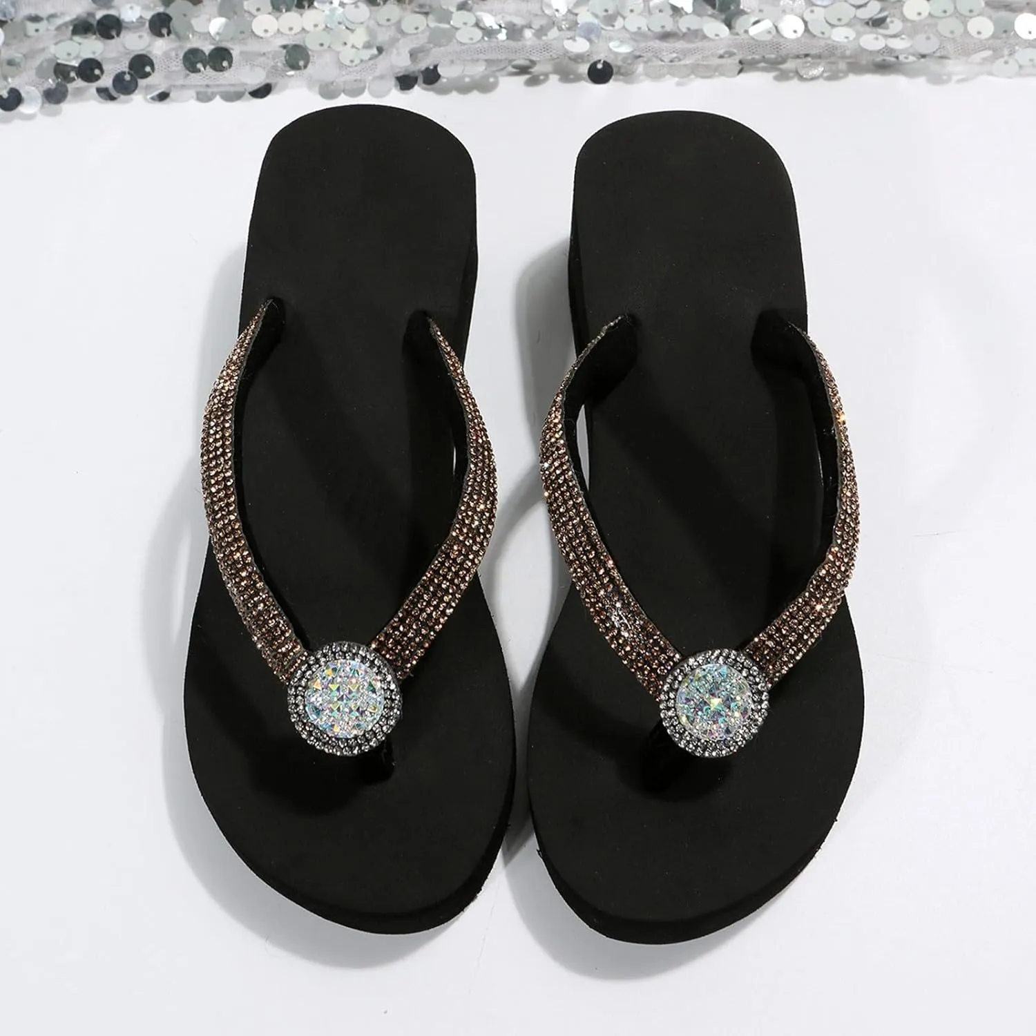 Women's Thick Soled Wedge Heeled Thick Soled Thong Beach Flip Flops with Colorful Bright Diamonds Report Womens