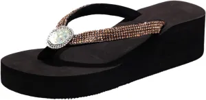 Women's Thick Soled Wedge Heeled Thick Soled Thong Beach Flip Flops with Colorful Bright Diamonds Report Womens