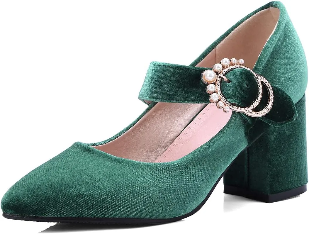 Womens Velvet Mary Jane Pumps Shoes Pointed Toe Black Green Chunky Heels Buckle Strap Ladies Dress High Heels Shoes