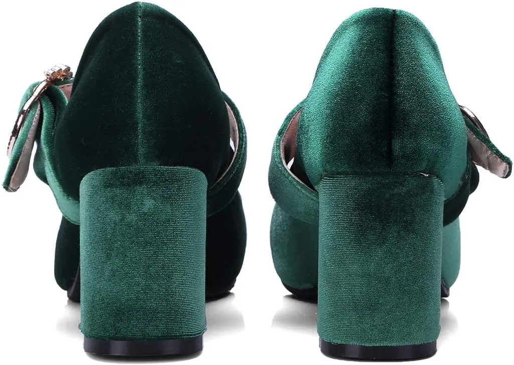 Womens Velvet Mary Jane Pumps Shoes Pointed Toe Black Green Chunky Heels Buckle Strap Ladies Dress High Heels Shoes