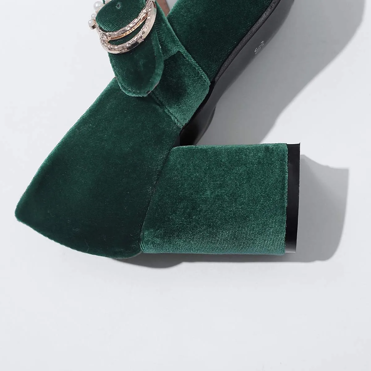 Womens Velvet Mary Jane Pumps Shoes Pointed Toe Black Green Chunky Heels Buckle Strap Ladies Dress High Heels Shoes