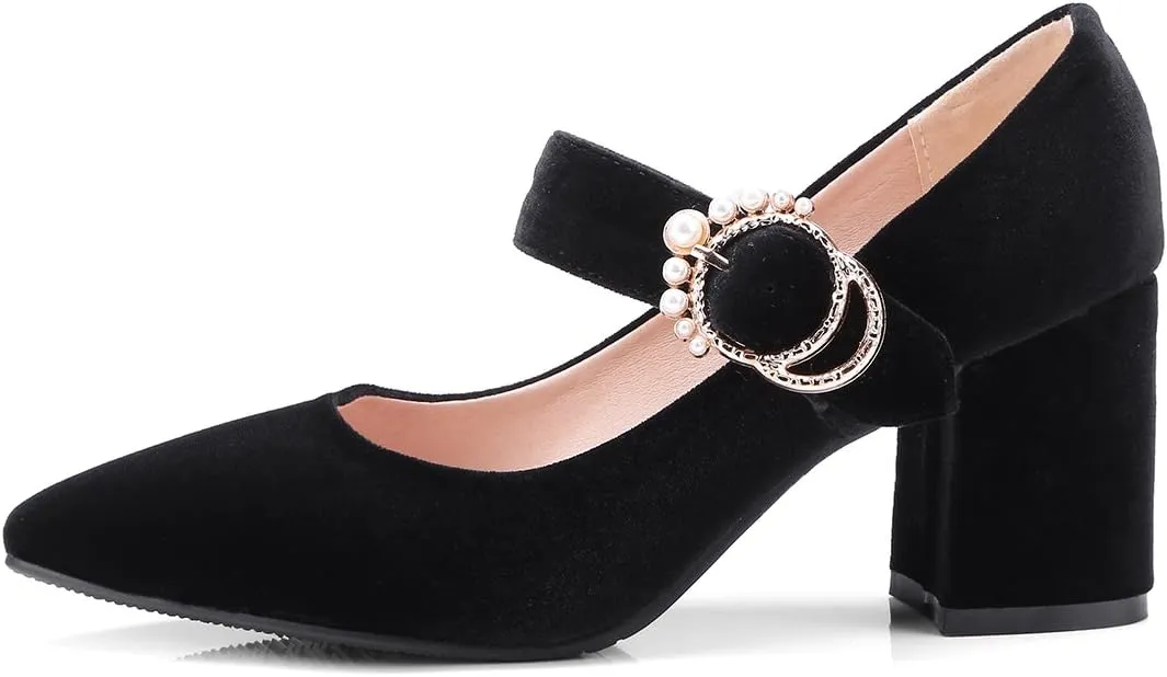 Womens Velvet Mary Jane Pumps Shoes Pointed Toe Black Green Chunky Heels Buckle Strap Ladies Dress High Heels Shoes