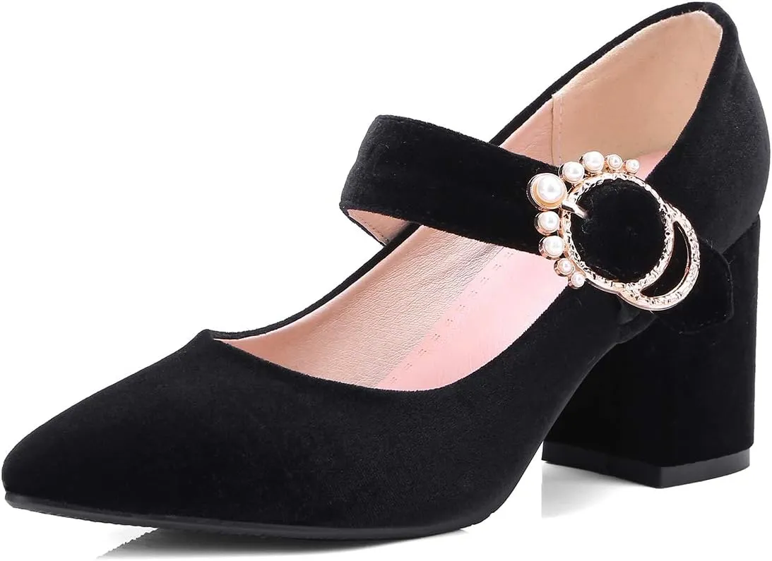 Womens Velvet Mary Jane Pumps Shoes Pointed Toe Black Green Chunky Heels Buckle Strap Ladies Dress High Heels Shoes