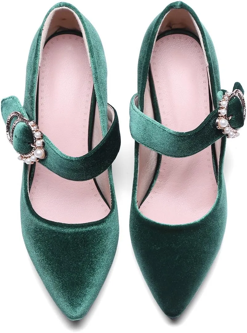 Womens Velvet Mary Jane Pumps Shoes Pointed Toe Black Green Chunky Heels Buckle Strap Ladies Dress High Heels Shoes