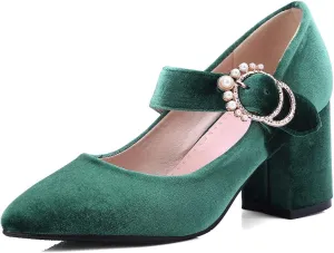 Womens Velvet Mary Jane Pumps Shoes Pointed Toe Black Green Chunky Heels Buckle Strap Ladies Dress High Heels Shoes