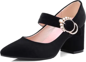 Womens Velvet Mary Jane Pumps Shoes Pointed Toe Black Green Chunky Heels Buckle Strap Ladies Dress High Heels Shoes