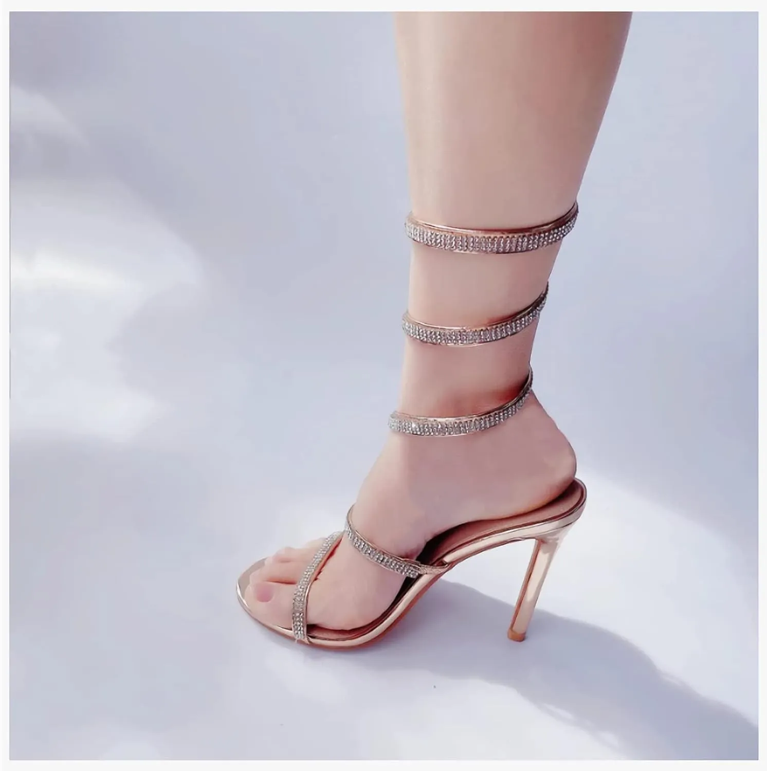 Womens's Rhinestone Sandals Sparkly Heels for Women Ankle Wrap Up Strappy Shoes