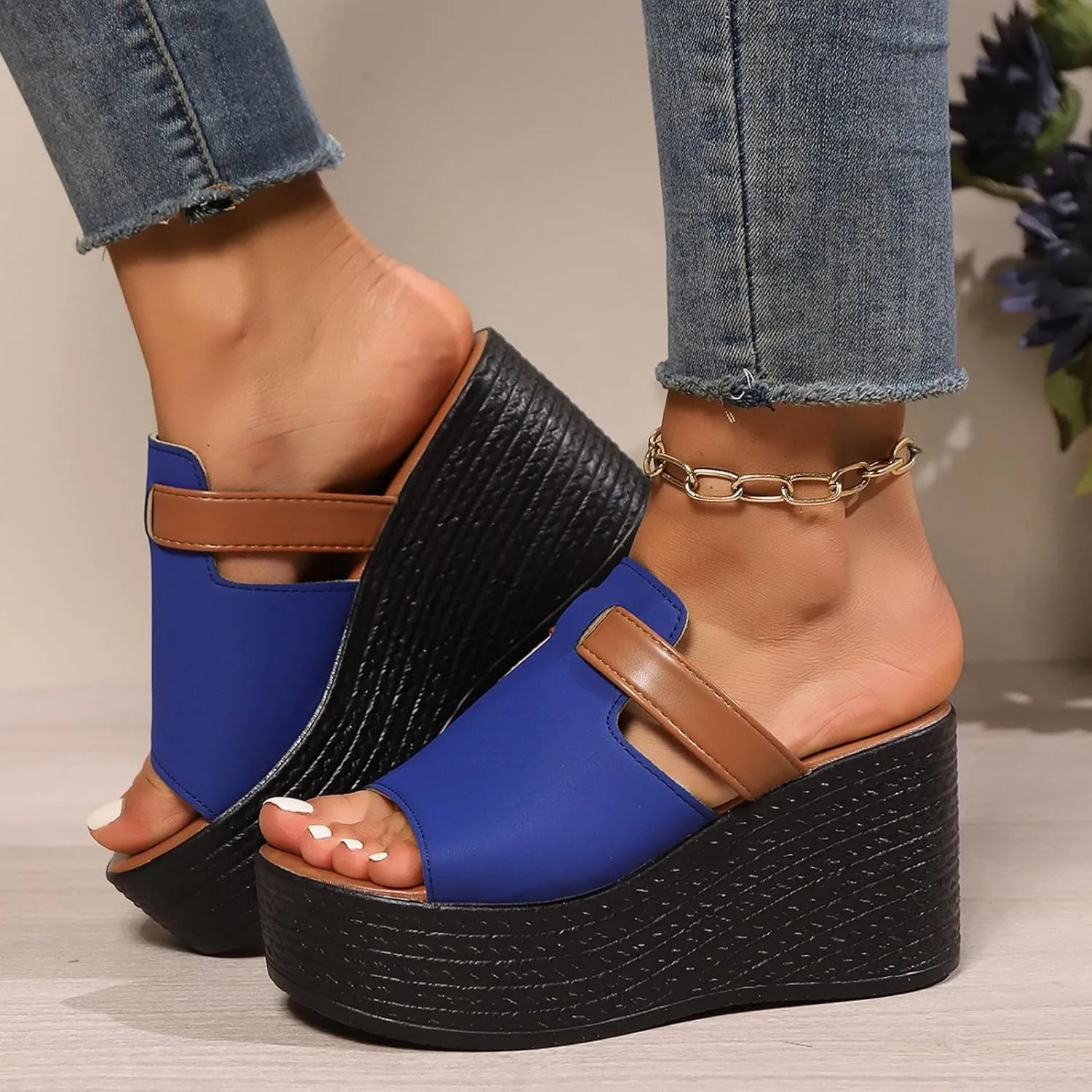 ZSpzx Chunky Platform Sandals for Women 2025 Comfort Open Toe Slip-on Slides Wedge Summer Casual For Wedges Heels Womens Slide Leather Slippers Bohe Beach Slip On Cute Walking Shoes for Daily Wear