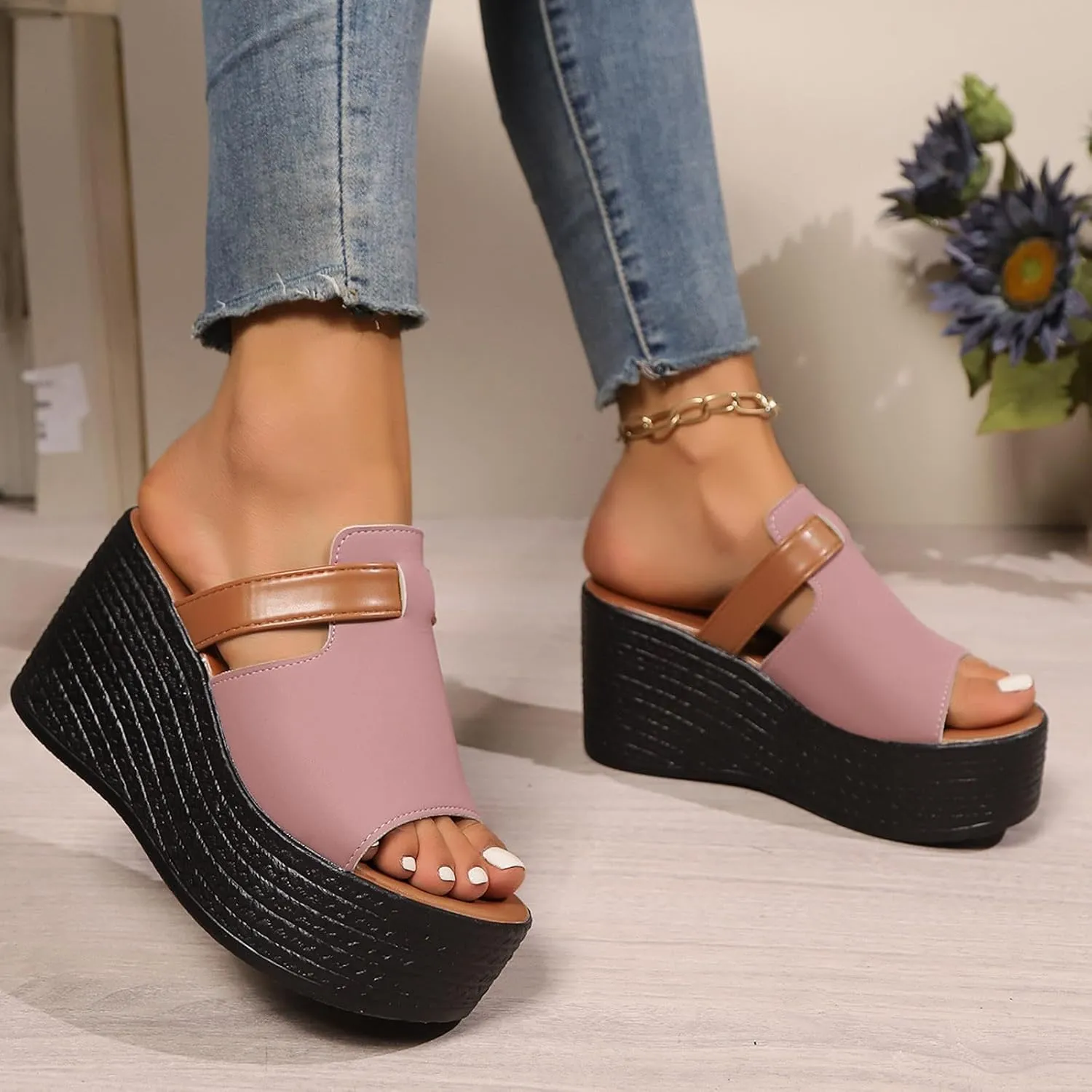 ZSpzx Chunky Platform Sandals for Women 2025 Comfort Open Toe Slip-on Slides Wedge Summer Casual For Wedges Heels Womens Slide Leather Slippers Bohe Beach Slip On Cute Walking Shoes for Daily Wear