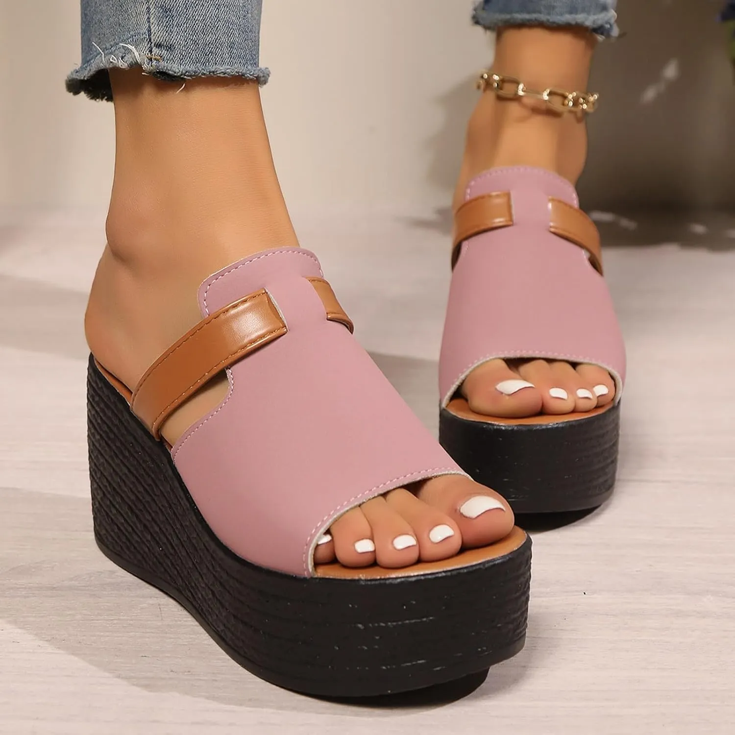 ZSpzx Chunky Platform Sandals for Women 2025 Comfort Open Toe Slip-on Slides Wedge Summer Casual For Wedges Heels Womens Slide Leather Slippers Bohe Beach Slip On Cute Walking Shoes for Daily Wear