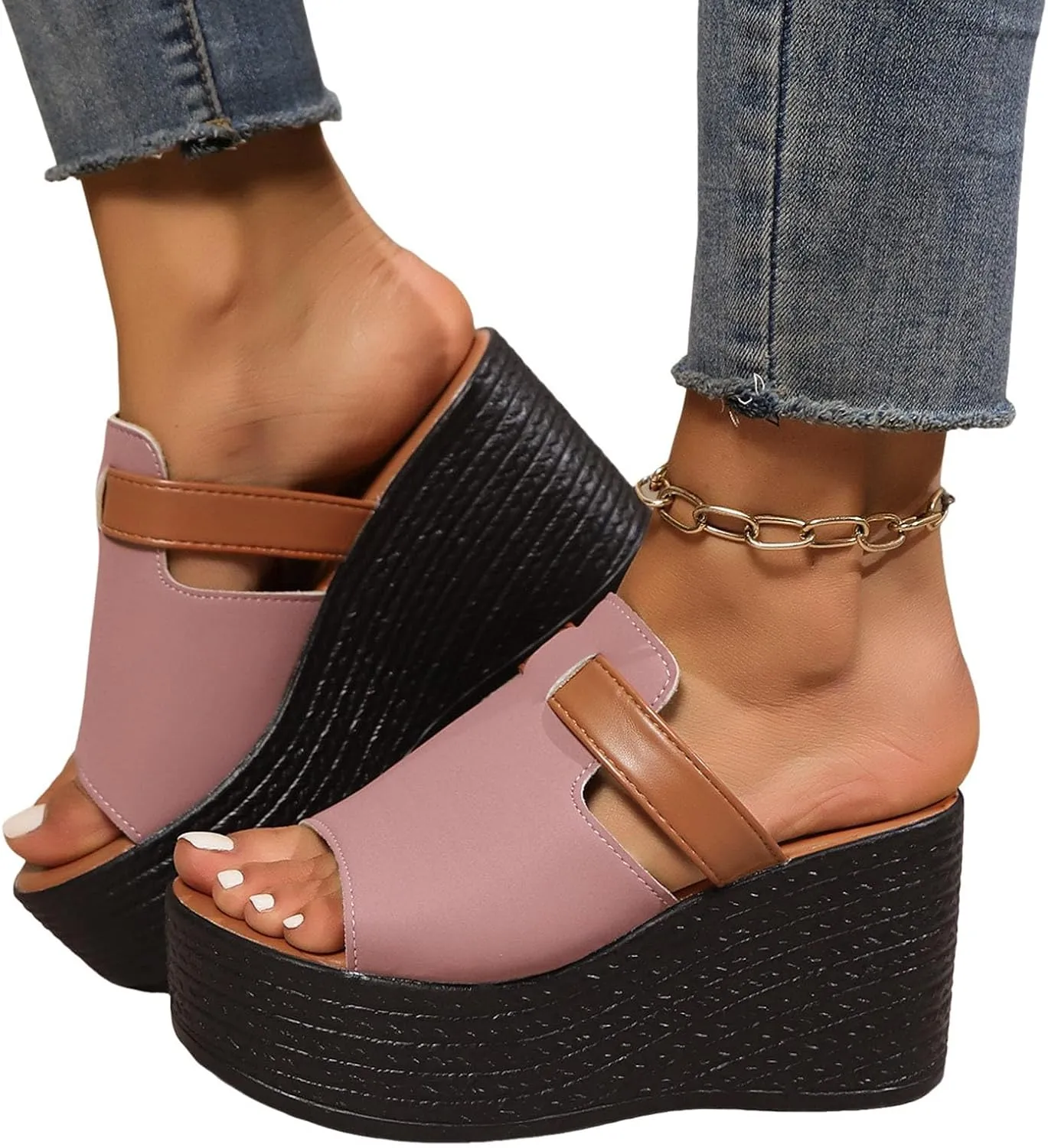 ZSpzx Chunky Platform Sandals for Women 2025 Comfort Open Toe Slip-on Slides Wedge Summer Casual For Wedges Heels Womens Slide Leather Slippers Bohe Beach Slip On Cute Walking Shoes for Daily Wear