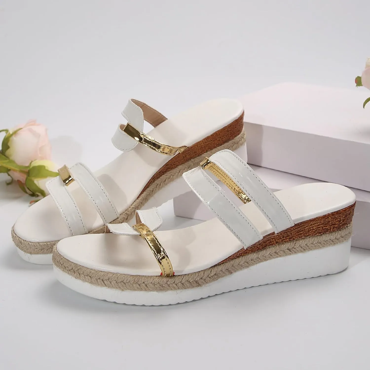 ZSpzx Wedge Sandals for Women 2025 Dressy Summer Comfortable Espadrille Platform Metal Strappy Open Toe Walking Foot Arch Supports Non Slip-on Slides Beach Orthotic Cushion Casual Womens Slide Shoes