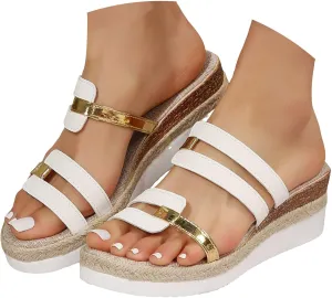 ZSpzx Wedge Sandals for Women 2025 Dressy Summer Comfortable Espadrille Platform Metal Strappy Open Toe Walking Foot Arch Supports Non Slip-on Slides Beach Orthotic Cushion Casual Womens Slide Shoes