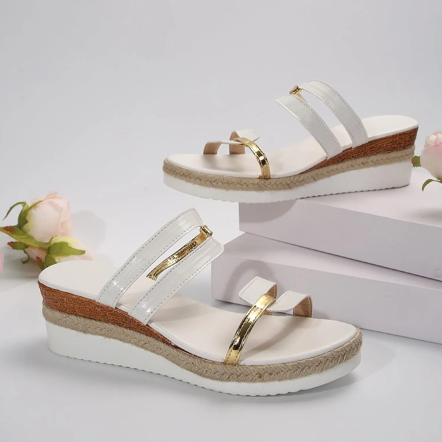 ZSpzx Wedge Sandals for Women 2025 Dressy Summer Comfortable Espadrille Platform Metal Strappy Open Toe Walking Foot Arch Supports Non Slip-on Slides Beach Orthotic Cushion Casual Womens Slide Shoes