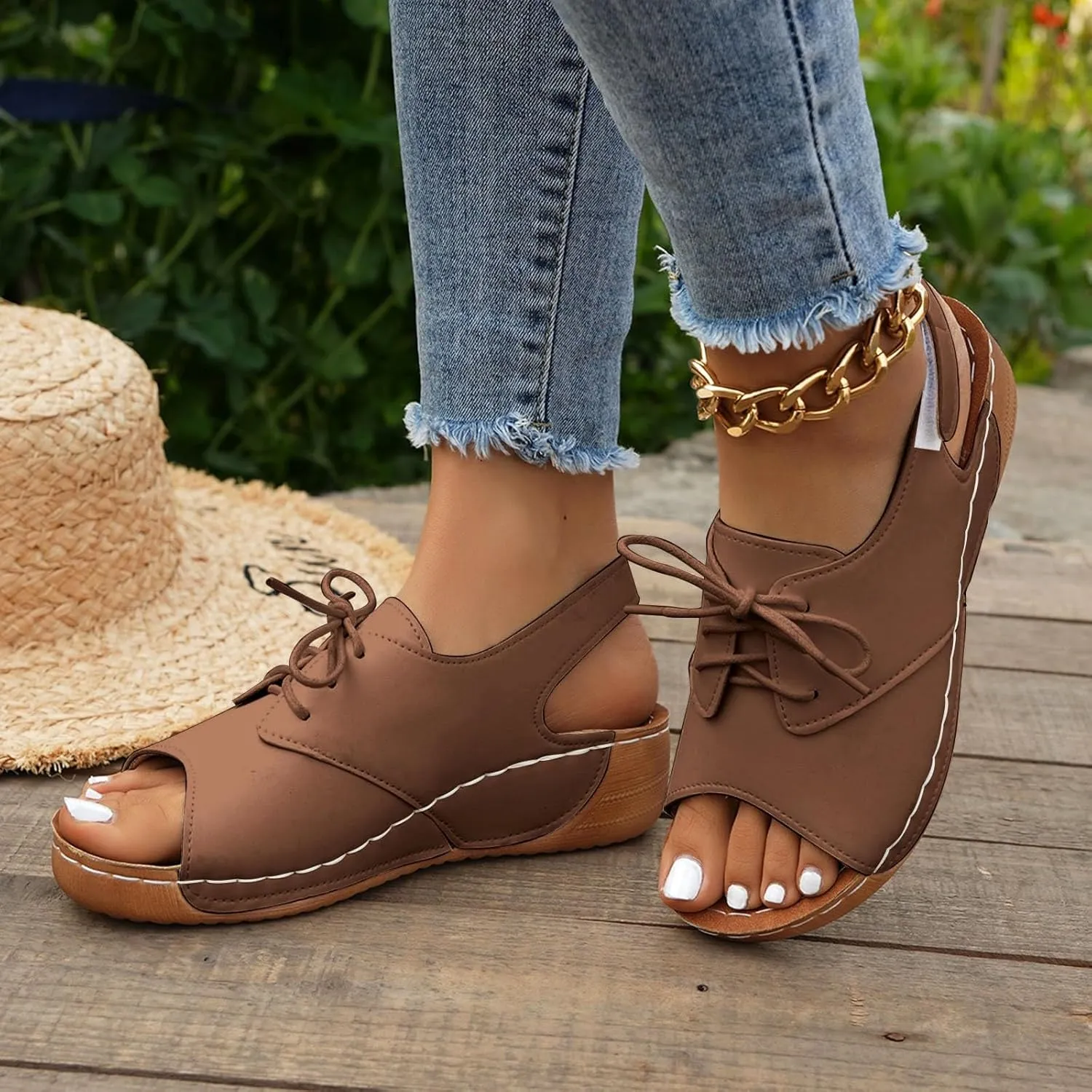 ZSpzx Wedge Sandals For Women 2025,Comfortable Dressy Summer Orthopedic Low Heel Comfortable Lace Up Slides Retro Soft Soled Walking Arch support Casual Non Slip-on Shoes for Daily Wear