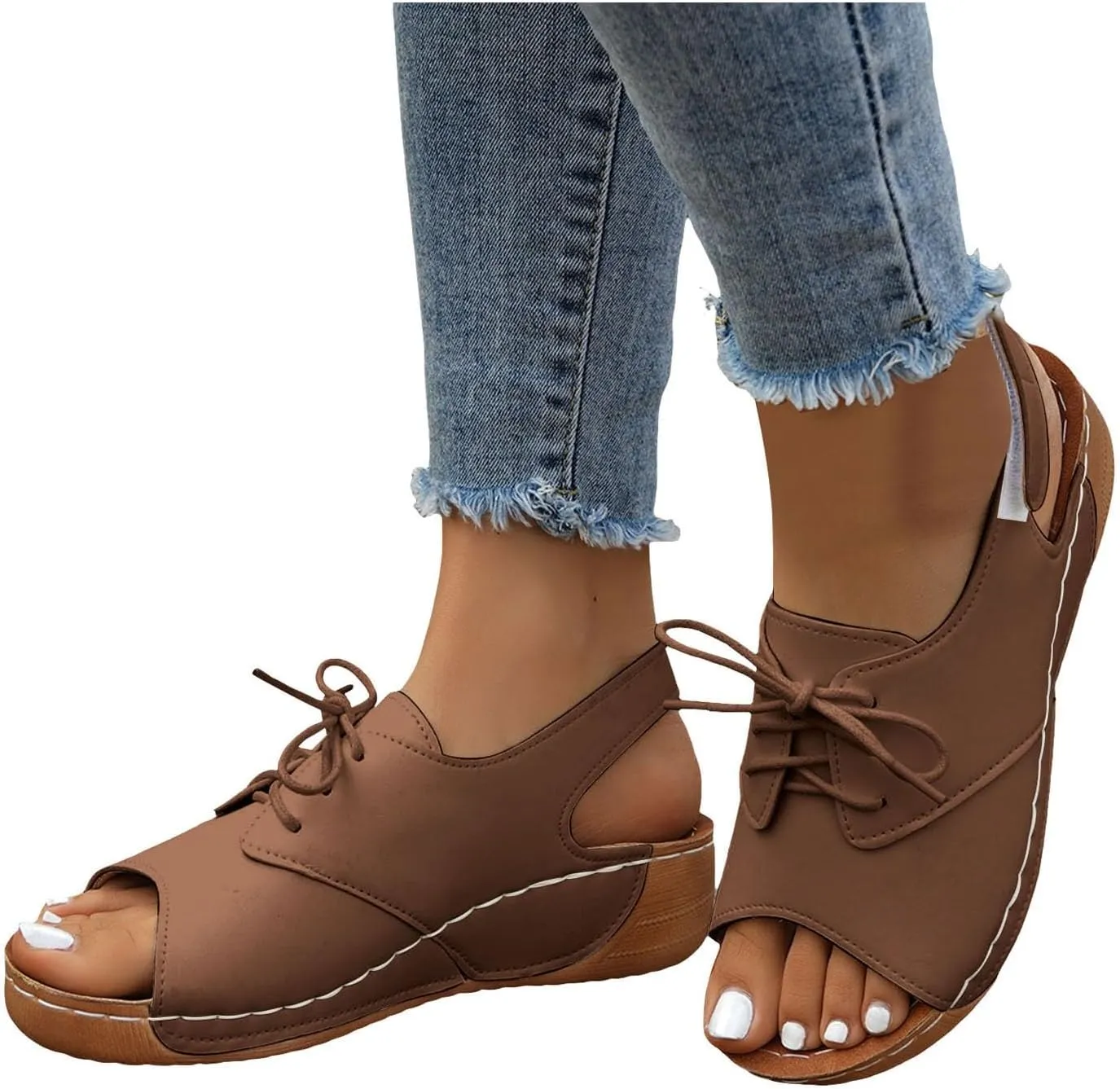ZSpzx Wedge Sandals For Women 2025,Comfortable Dressy Summer Orthopedic Low Heel Comfortable Lace Up Slides Retro Soft Soled Walking Arch support Casual Non Slip-on Shoes for Daily Wear